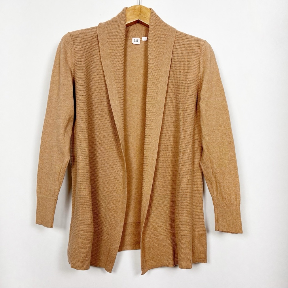 GAP Women's Open-Front Shawl Cardigan‎ Bella Third Camel Size Medium Waffle Knit